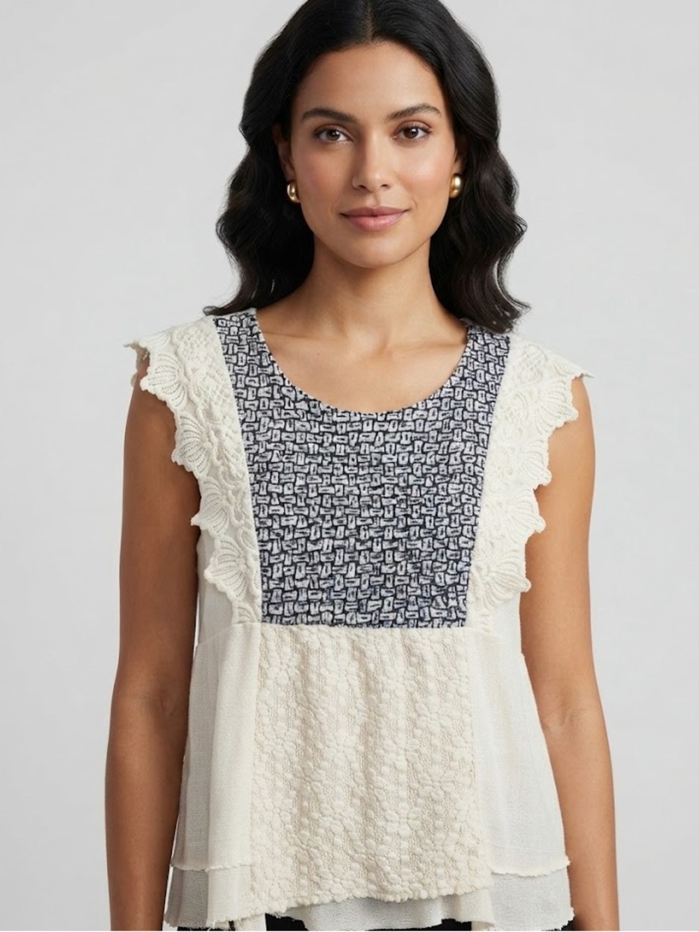 Meadow Rue Cream Lace & Navy Patterned Textured Lace Top